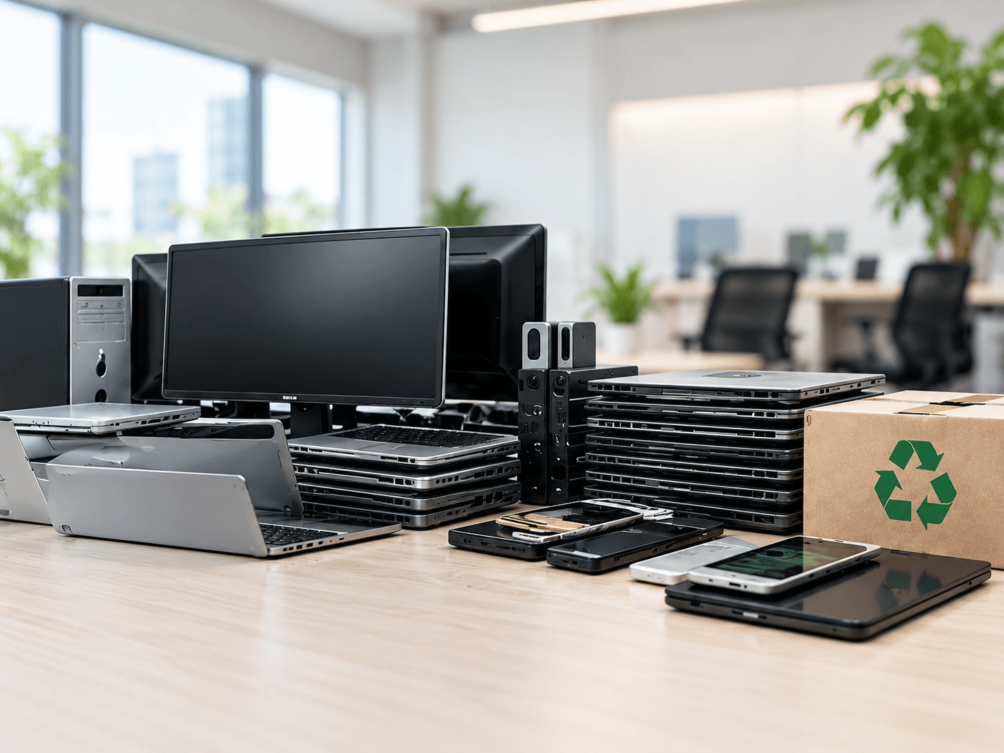 Business laptops, monitors and phones stacked beside a recycling box