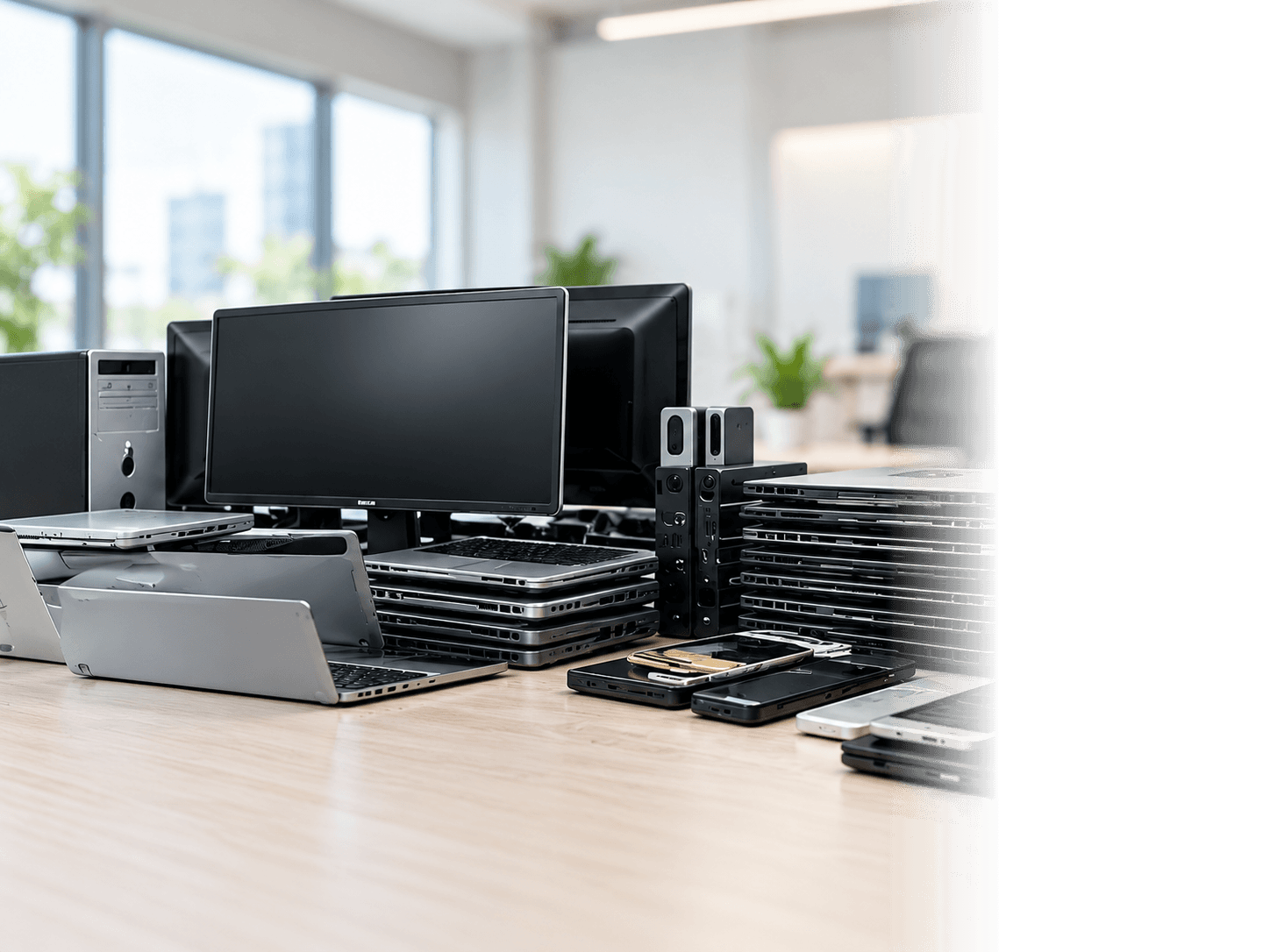 Business laptops, monitors and phones stacked on a desk