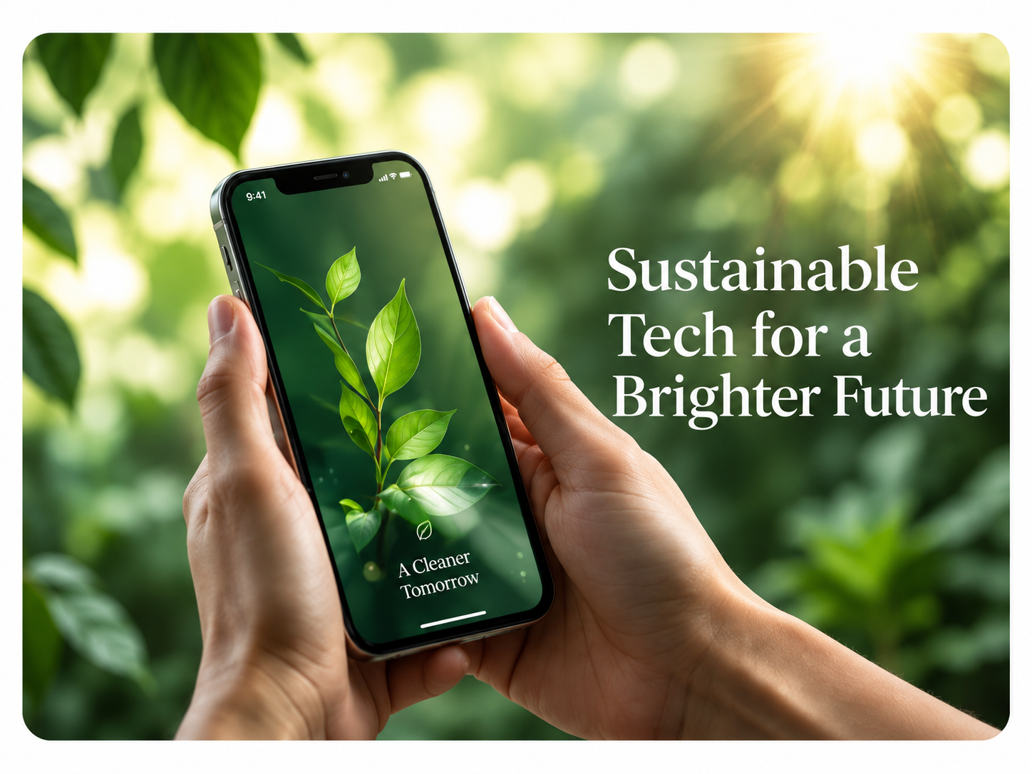 A phone displaying Releck's sustainable technology message in a green setting