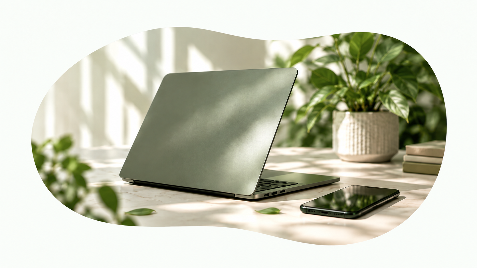 A Releck laptop and phone in a bright, plant-filled workspace